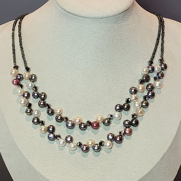 Lia Sophia Double Strand Multi Color Pearl Crystal Bead 15"-18" Necklace - Picture 3 of 5